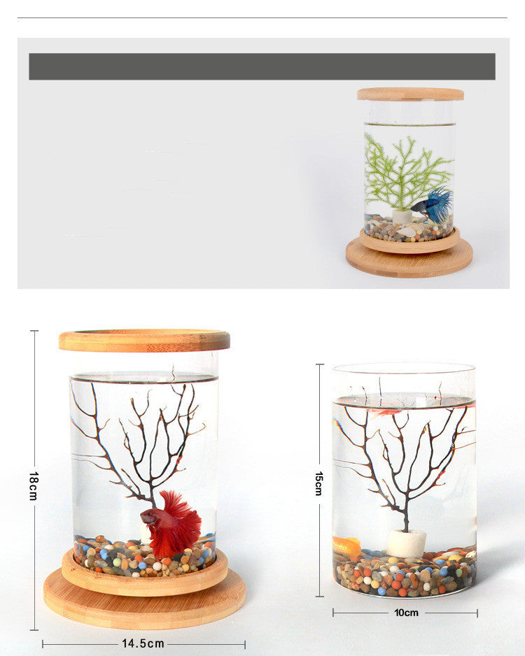 Small Office Glass Aquarium Bamboo Base Mini